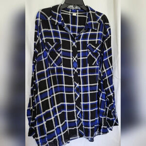 Torrid Blue & Black Plaid Collar Challis Camp Long Sleeve Button Down Shirt Sz 2